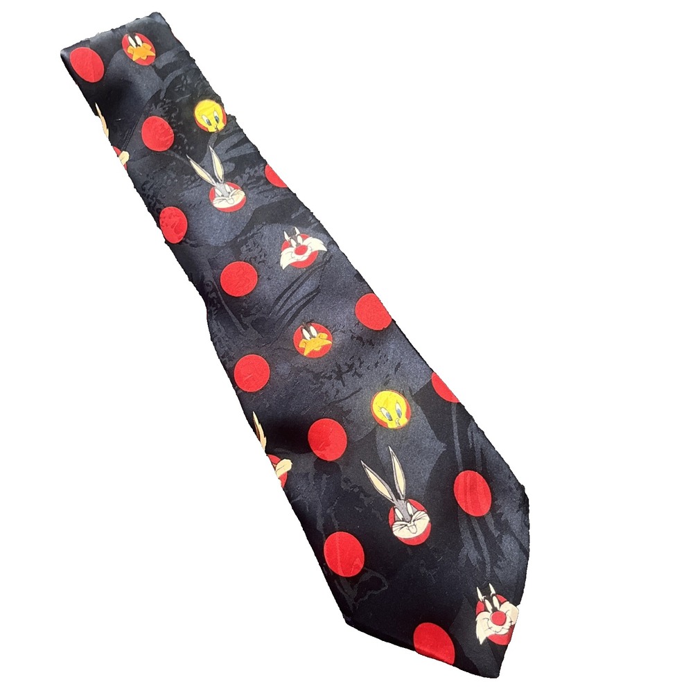 Warner Bros Looney Tunes Tie Men OS Black Red Character Polka Dot 90s Vintage